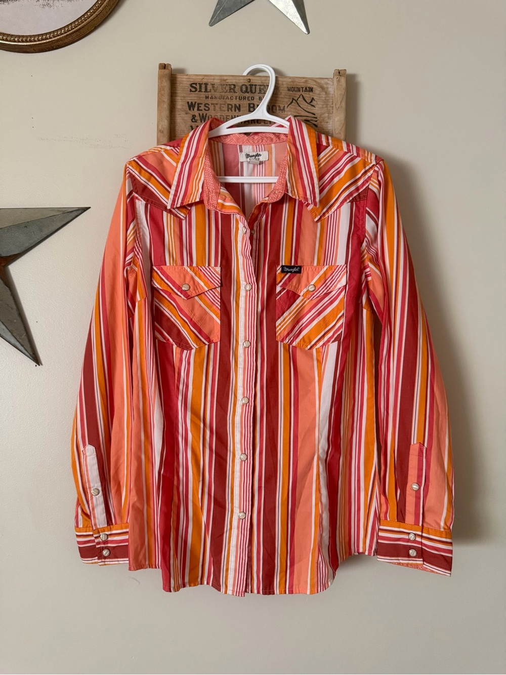 Wrangler Men’s Red & Orange Striped Western Button-Down Shirt